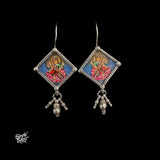 Silver Hooks with Hand Painted Goddess Saraswati Ji & Ghungroos Danglers-MH6102