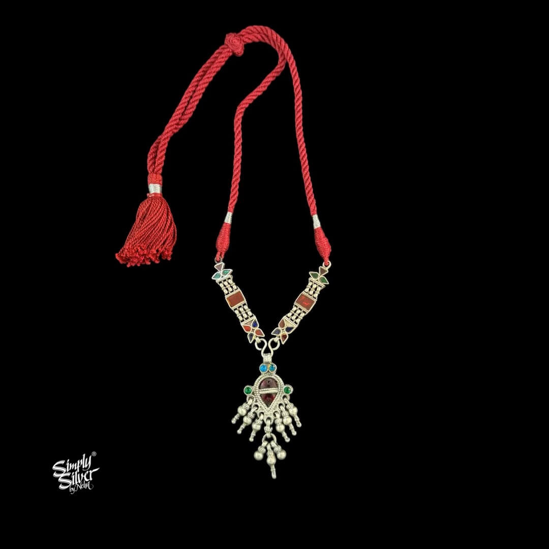 Silver Center Red Heart Necklace with Multi Color Glass & Stone-MH6105