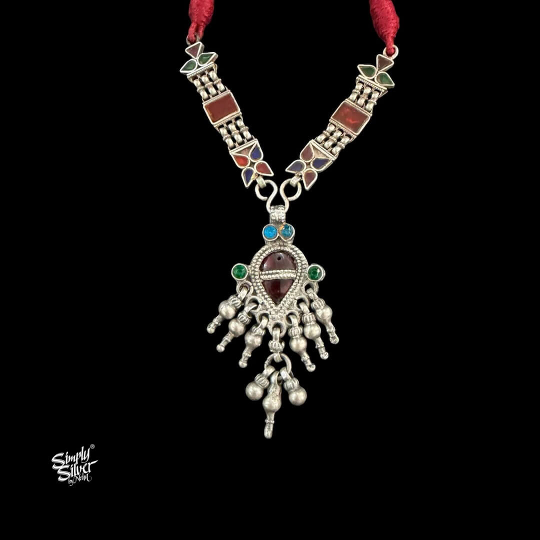 Silver Center Red Heart Necklace with Multi Color Glass & Stone-MH6105