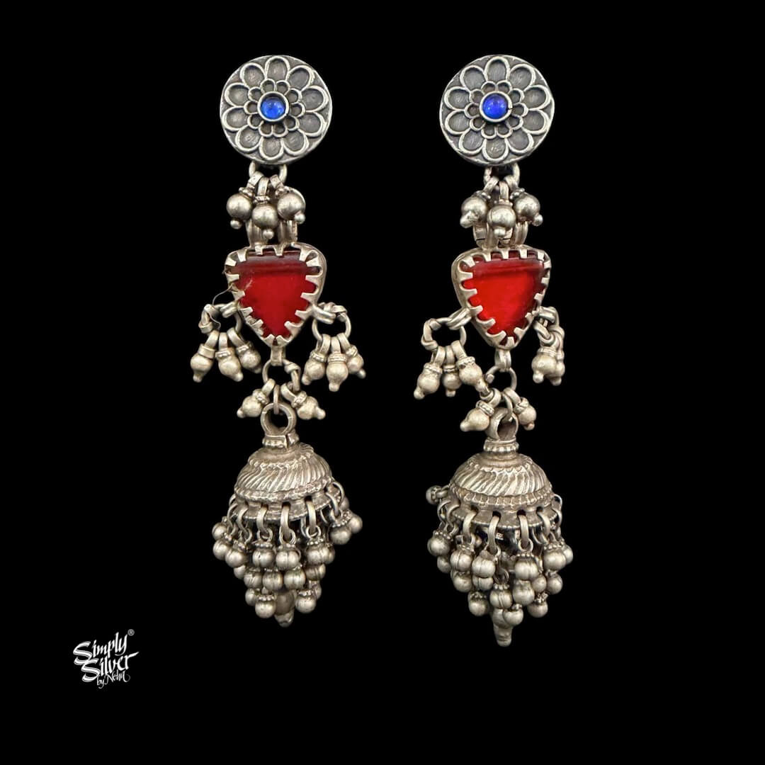 Silver Statement Multi Layer Jhumka with Blue Stone & Red Glass-MH6106