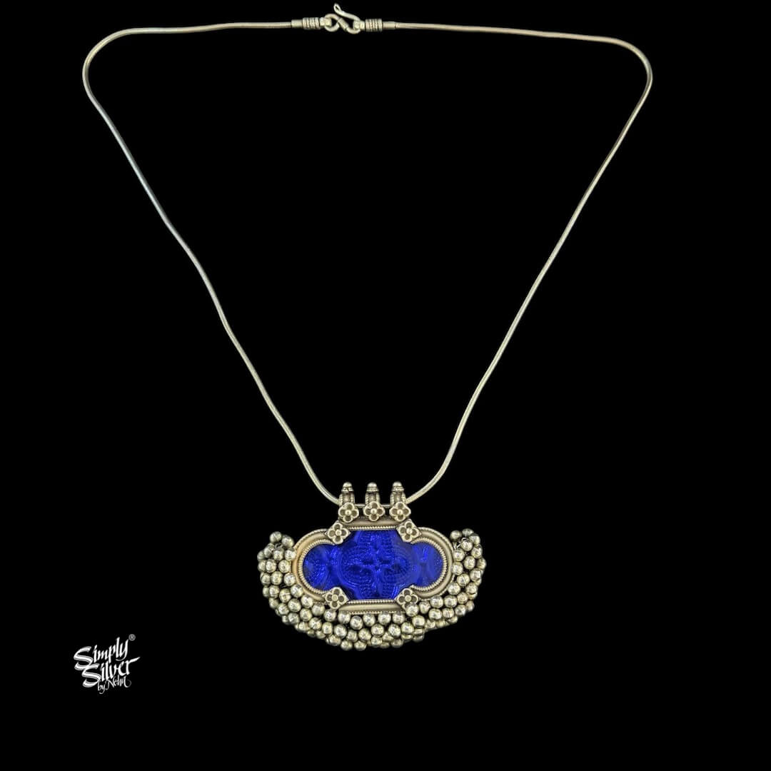 Silver Statement Big Blue Glass & Ghungroos Pendant with Chain -MH6107