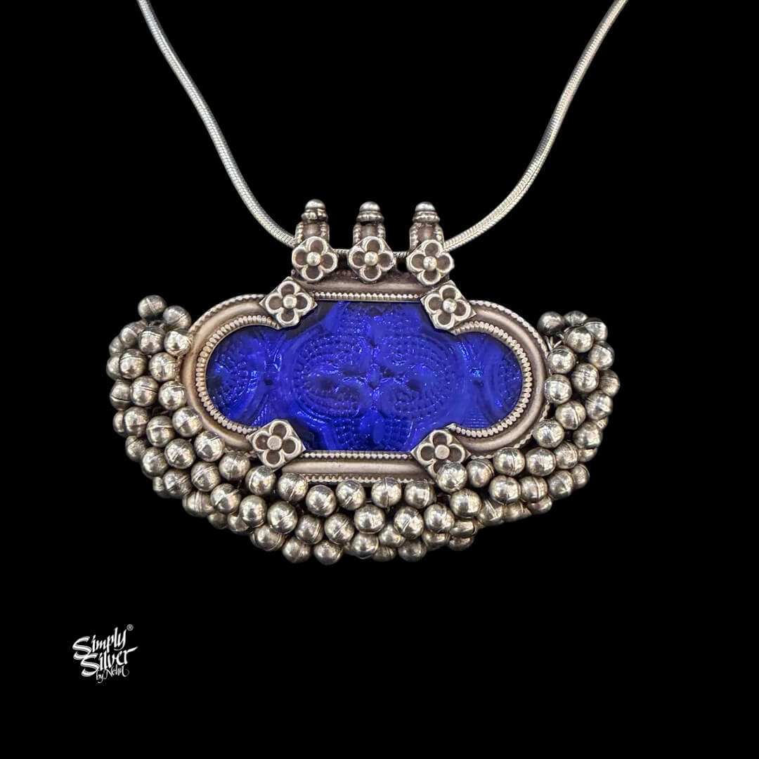 Silver Statement Big Blue Glass & Ghungroos Pendant with Chain -MH6107