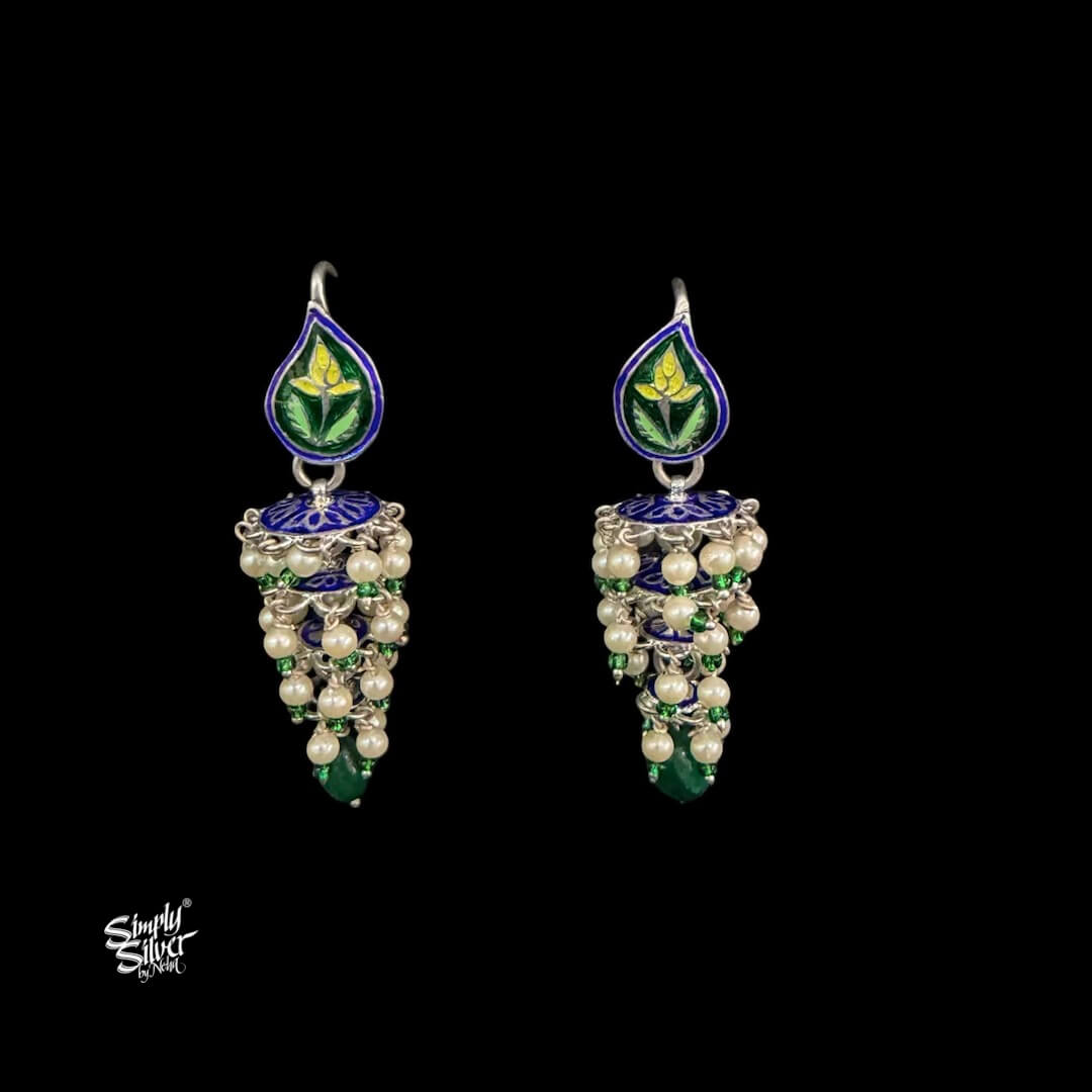 Silver Multi Color Meenakari Multi Layer Jhumka with Pearl & Green Stone -MH6113