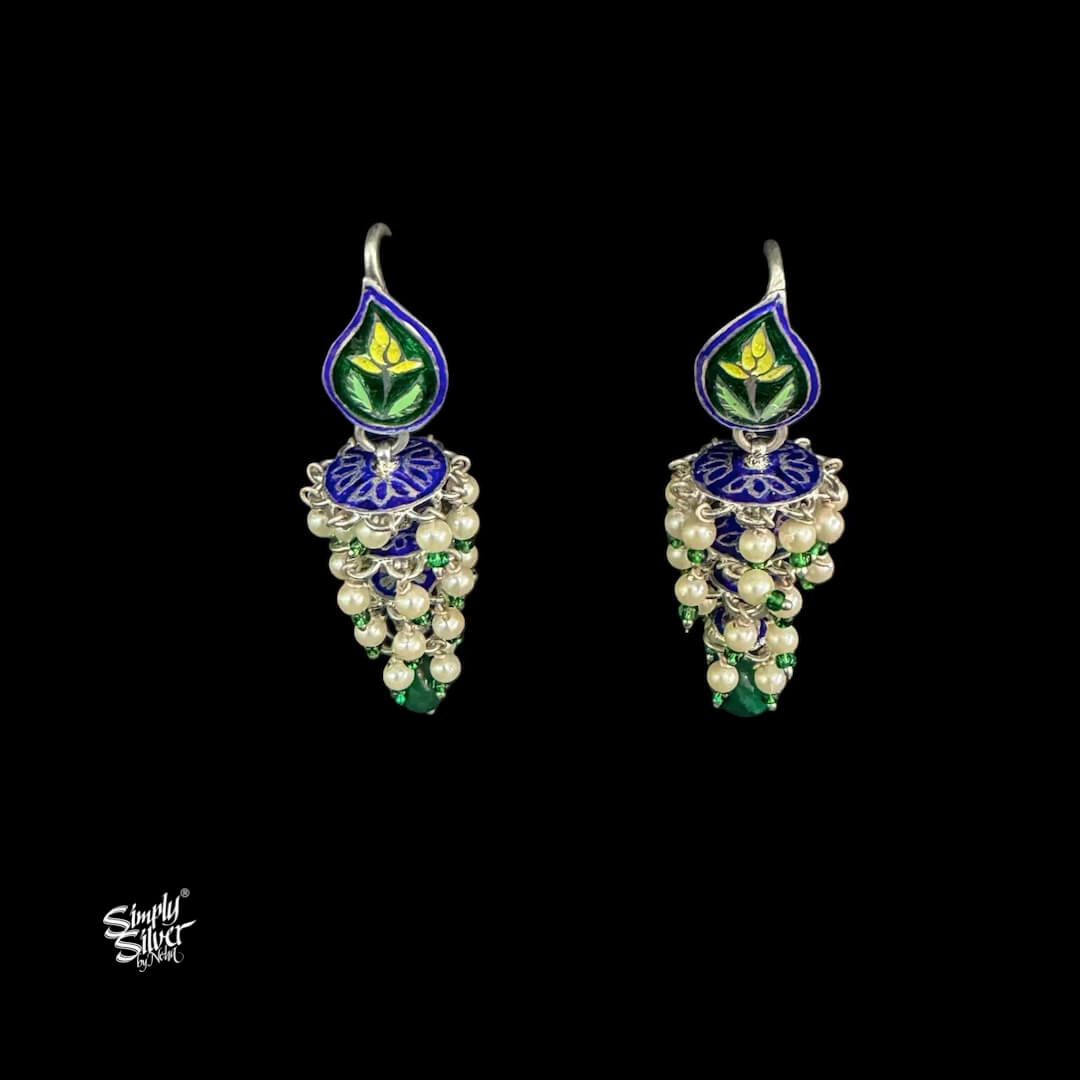 Silver Multi Color Meenakari Multi Layer Jhumka with Pearl & Green Stone -MH6113