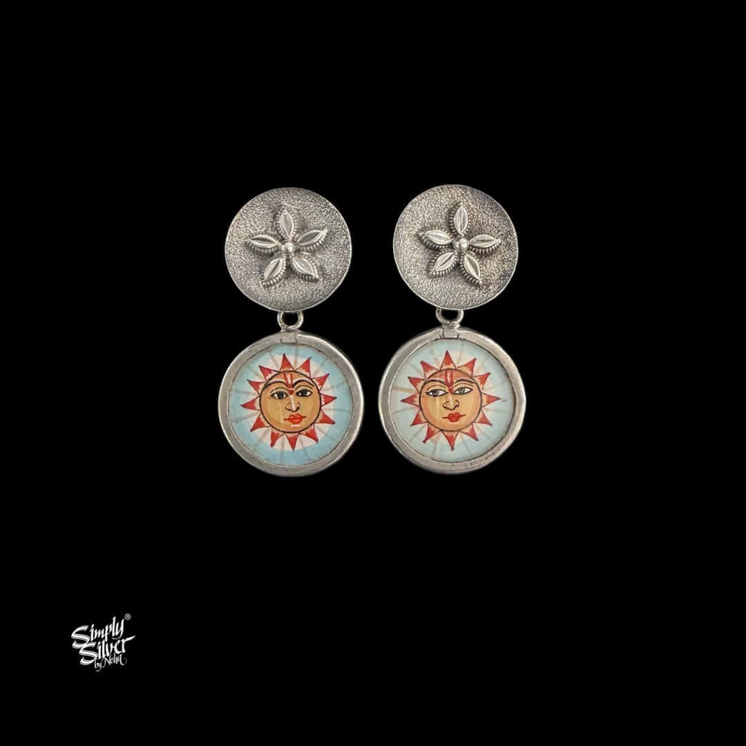 Silver Flower Studs with Round Hand Painted Sun Face Glass-MH6115