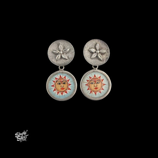 Silver Flower Studs with Round Hand Painted Sun Face Glass-MH6115