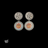 Silver Flower Studs with Round Hand Painted Sun Face Glass-MH6115