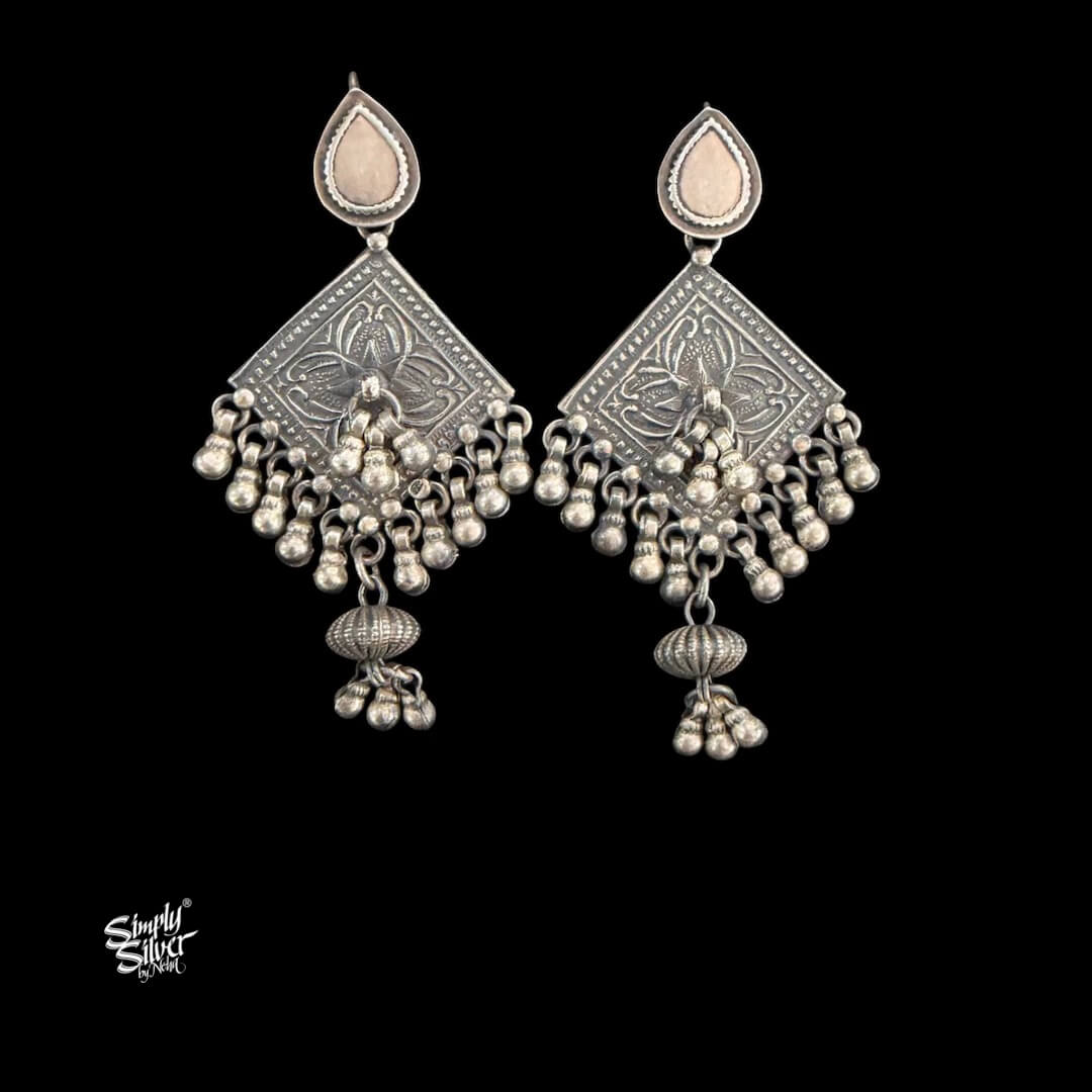 Silver Statement Paan Hooks with Square Floral & Ghungroos-MH6116