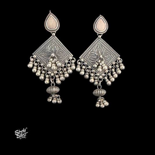Silver Statement Paan Hooks with Square Floral & Ghungroos-MH6116