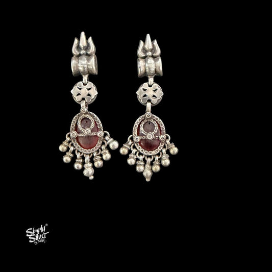 Silver Trishul & Damru Studs with Red Glass Ghungroos-MH6119