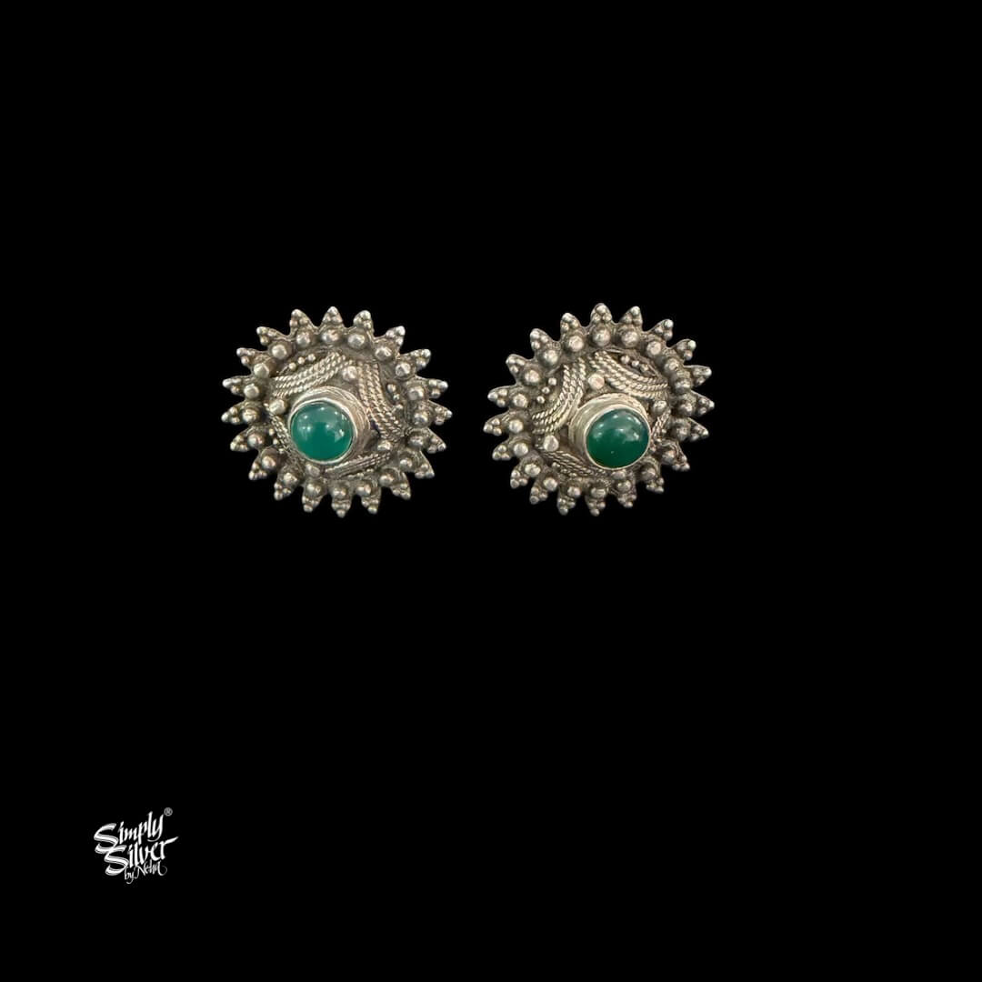 Green Stone Silver Flower Studs-MH6121