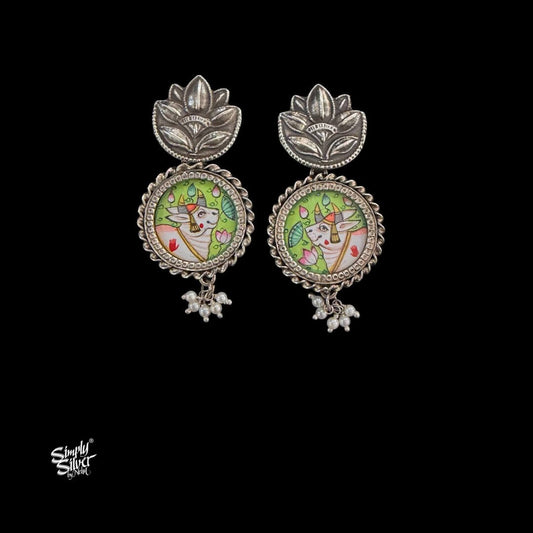 Silver Flower Studs with Hand Painted Cow & Pearls-MH6122