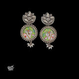 Silver Flower Studs with Hand Painted Cow & Pearls-MH6122