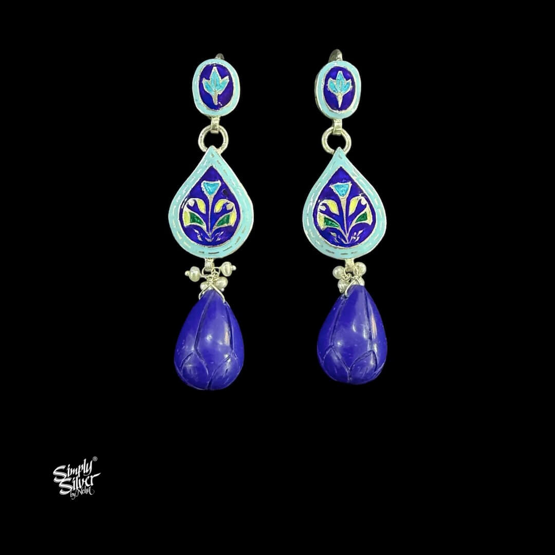 Handcrafted Meenakari Silver Earrings with Blue Lapis Lazuli Stone Drop-MH6124