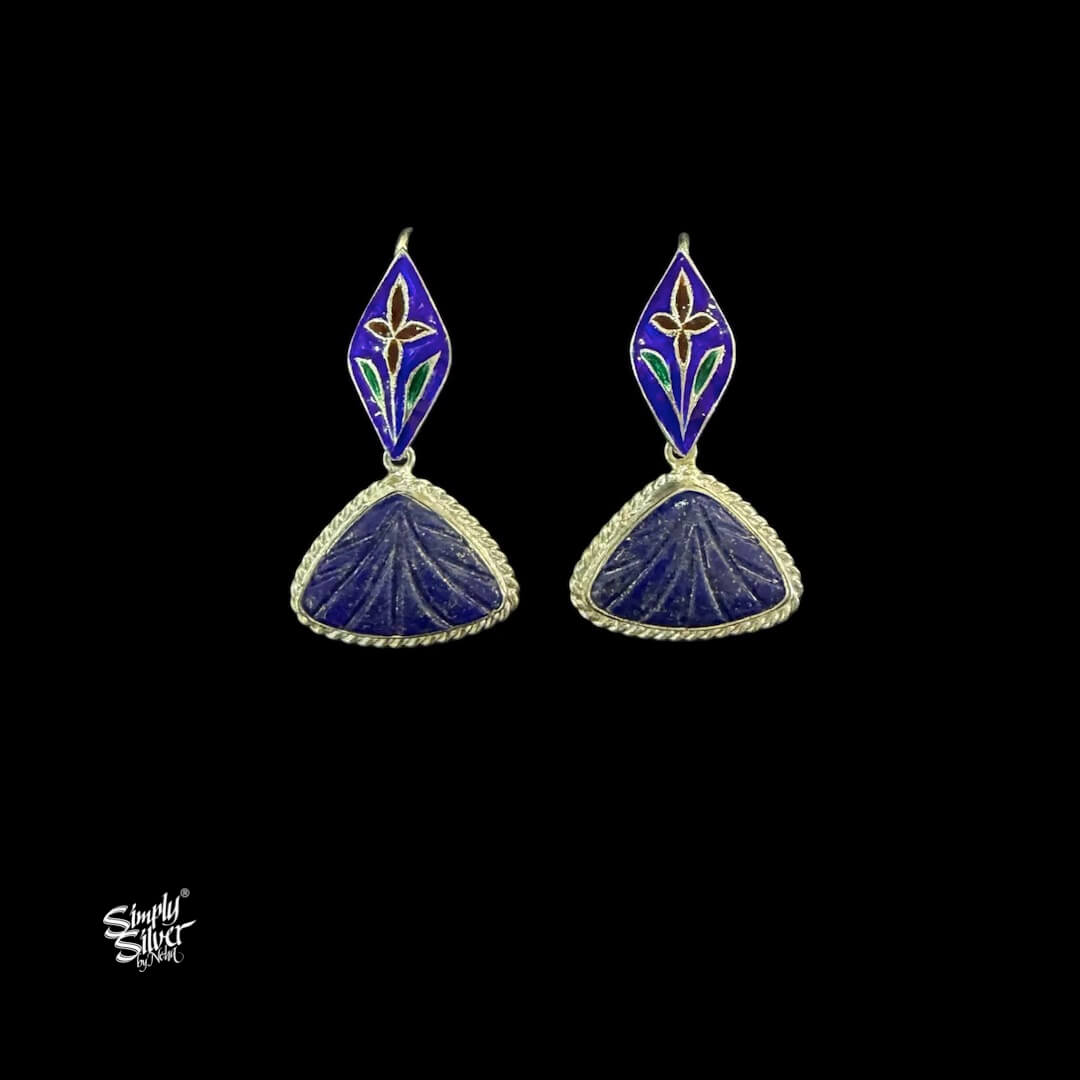 Handcrafted Meenakari Silver Earrings with Blue Lapis Lazuli Stone Drop-MH6125