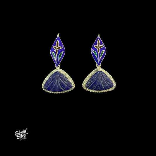 Handcrafted Meenakari Silver Earrings with Blue Lapis Lazuli Stone Drop-MH6125