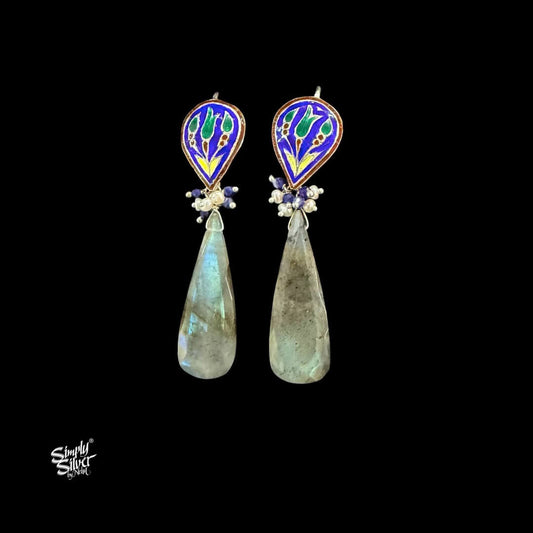 Handcrafted Meenakari Silver Earrings with Labradorite Stone Drop-MH6127