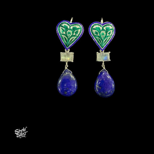 Handcrafted Meenakari Silver Earrings with Moon Stone & Lapsi Lazuli Stones-MH6128