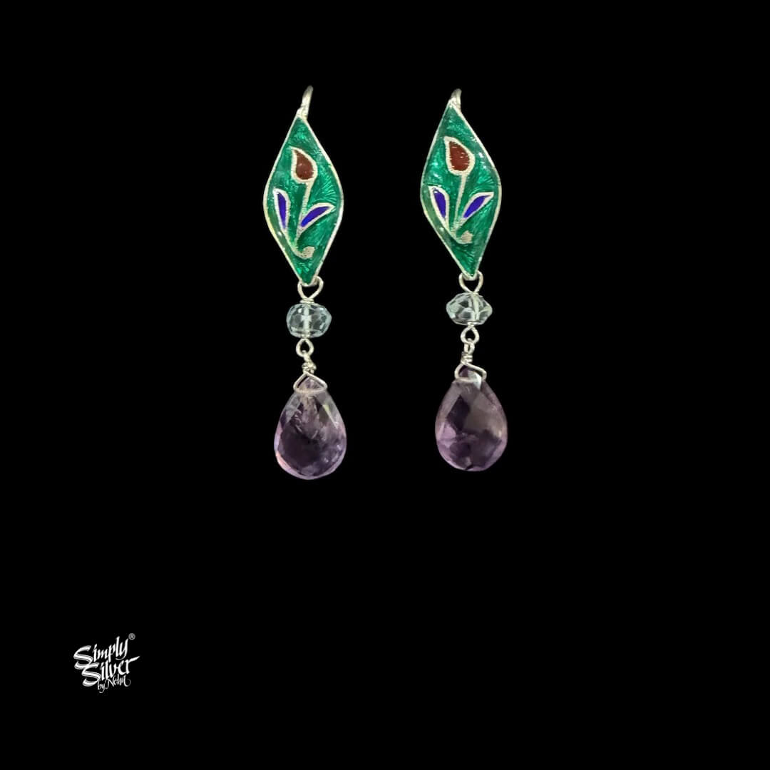 Handcrafted Meenakari Silver Earrings with Blue Topax & Amethyst Stones-MH6129