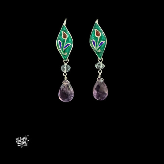 Handcrafted Meenakari Silver Earrings with Blue Topax & Amethyst Stones-MH6129