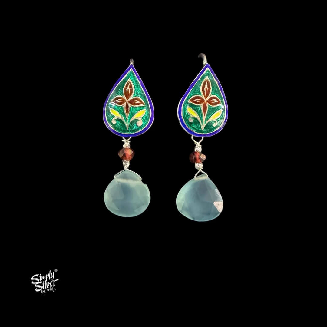 Handcrafted Meenakari Silver Earrings with Aqua Chalcedony & Garnet-MH6130