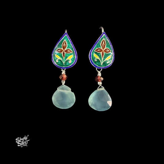 Handcrafted Meenakari Silver Earrings with Aqua Chalcedony & Garnet-MH6130