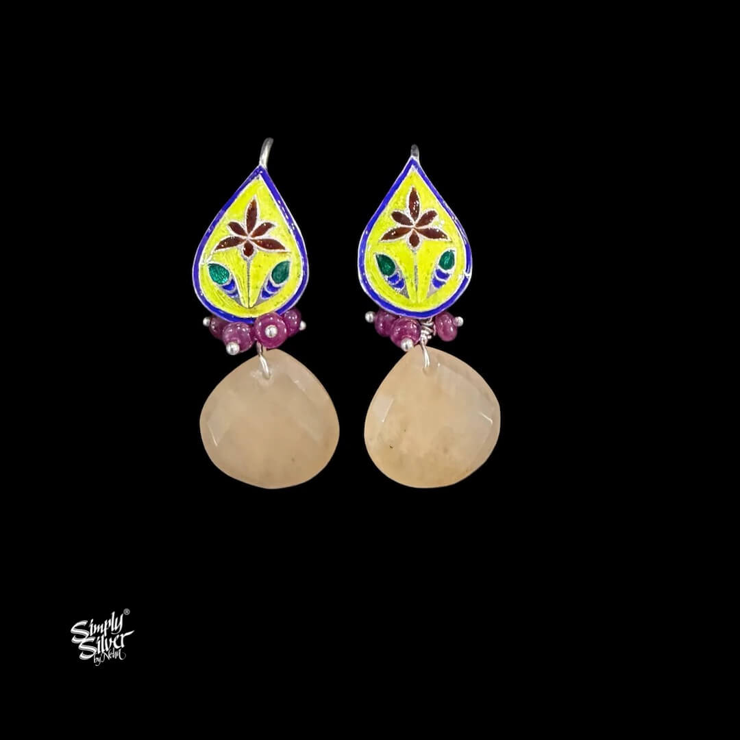 Handcrafted Meenakari Silver Earrings with Yellow Aventurine-MH6133