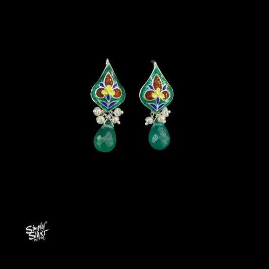 Handcrafted Meenakari Silver Earrings with Green Onyx-MH6134