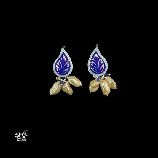 Handcrafted Meenakari Silver Earrings with Pearls & Lapiz stone-MH6135