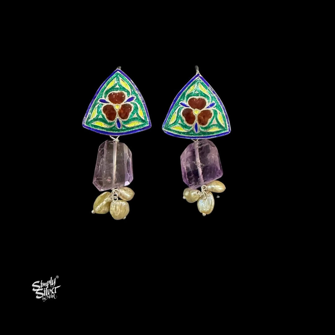 Handcrafted Meenakari Silver Earrings with Amethyst Stone& Pearls-MH6136