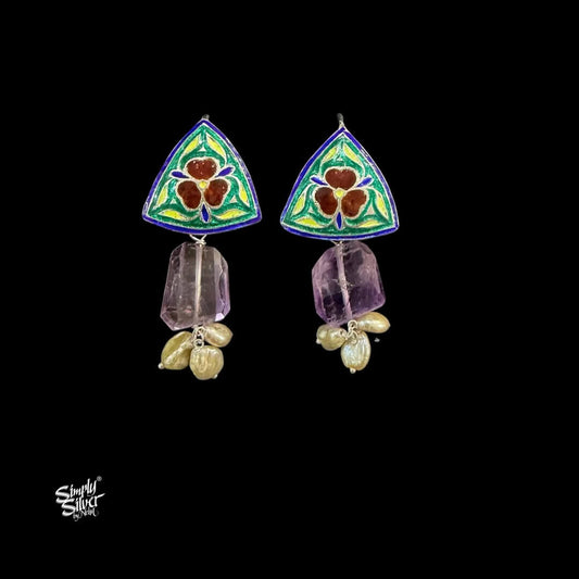 Handcrafted Meenakari Silver Earrings with Amethyst Stone& Pearls-MH6136