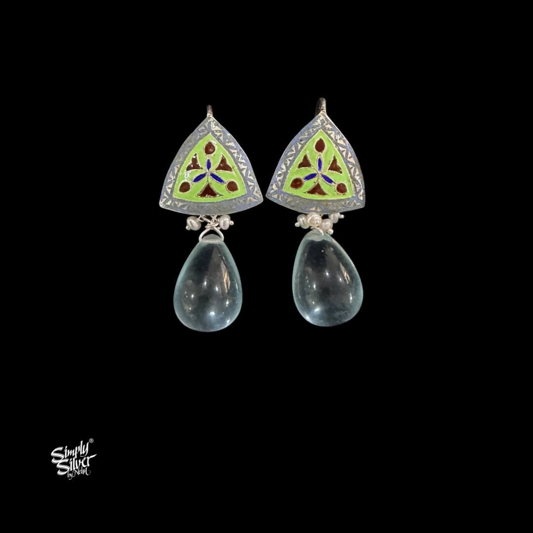 Handcrafted Meenakari Silver Earrings with Blue Topaz Hydro Stone-MH6137