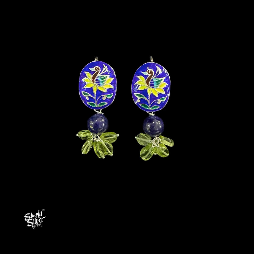 Handcrafted Meenakari Silver Earrings with Lapiz & Peridot Stone-MH6138