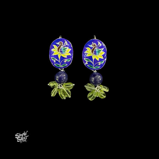 Handcrafted Meenakari Silver Earrings with Lapiz & Peridot Stone-MH6138