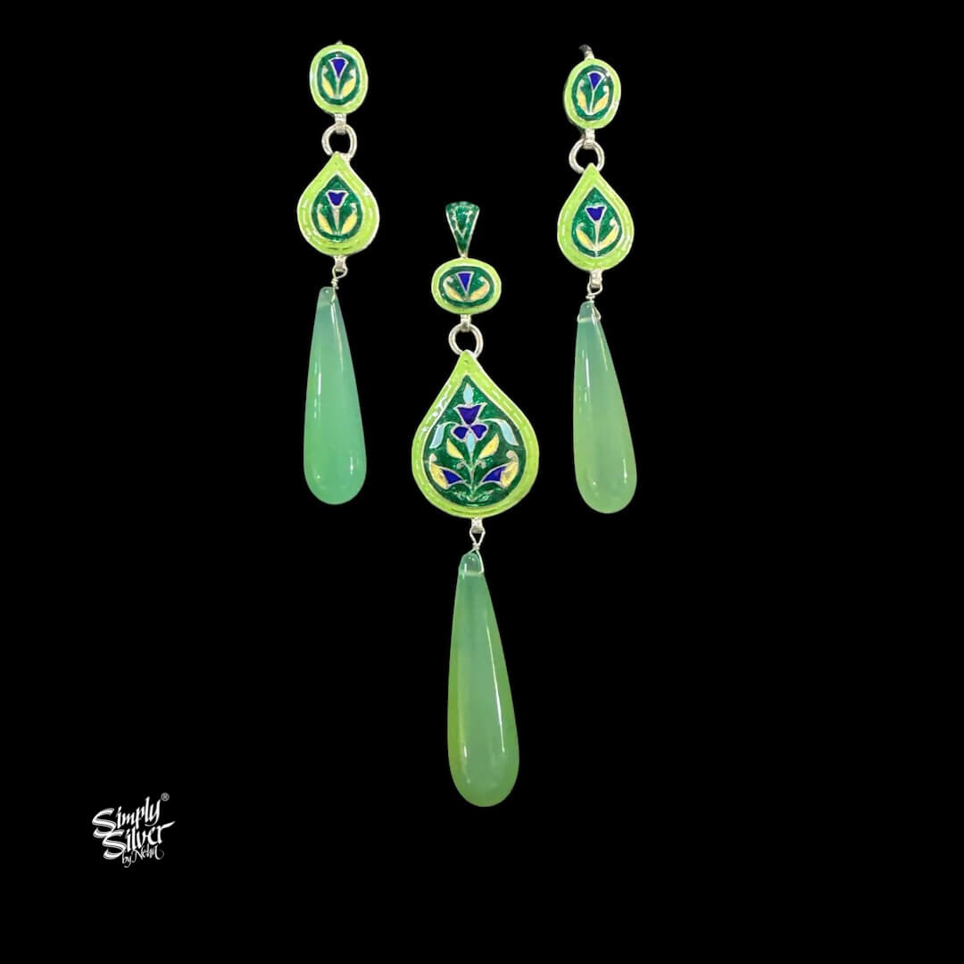 Handcrafted Meenakari Silver Earrings & Pendant Set with Green Chalcedony-MH6139