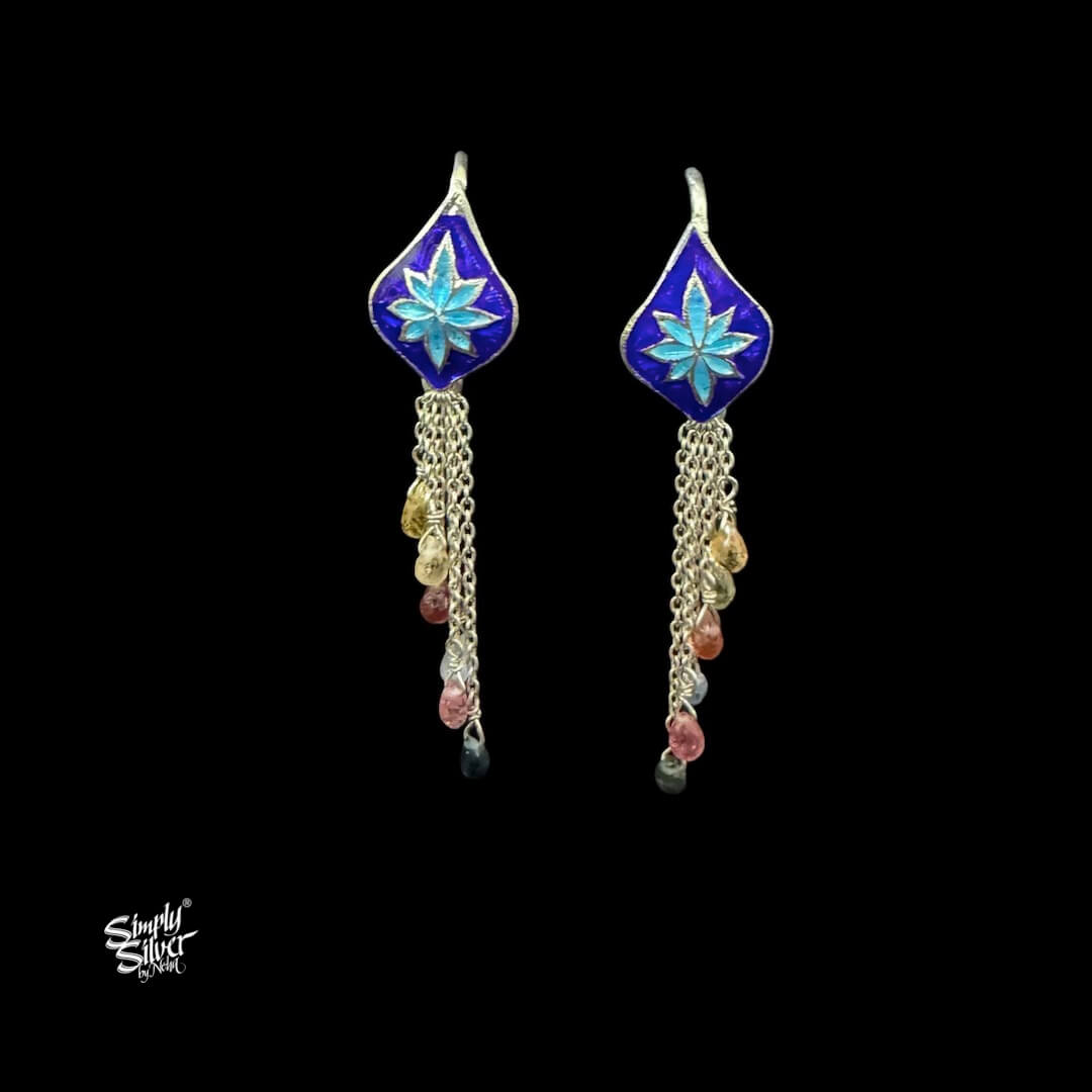 Handcrafted Meenakari Silver Earrings with Multi Color Sapphire Stones-MH6141