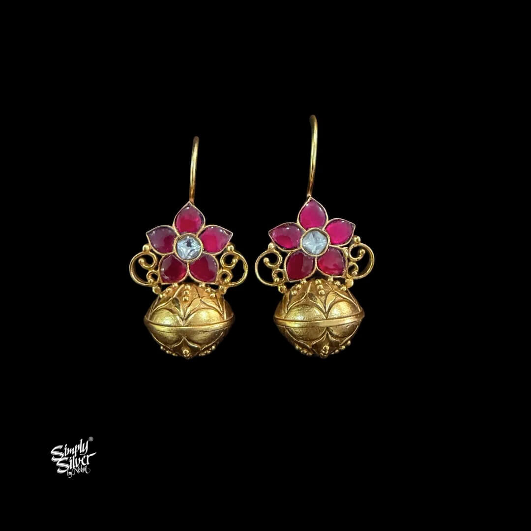 Gold Polish Silver Kalash with Red Kundan Earrings-MH6142