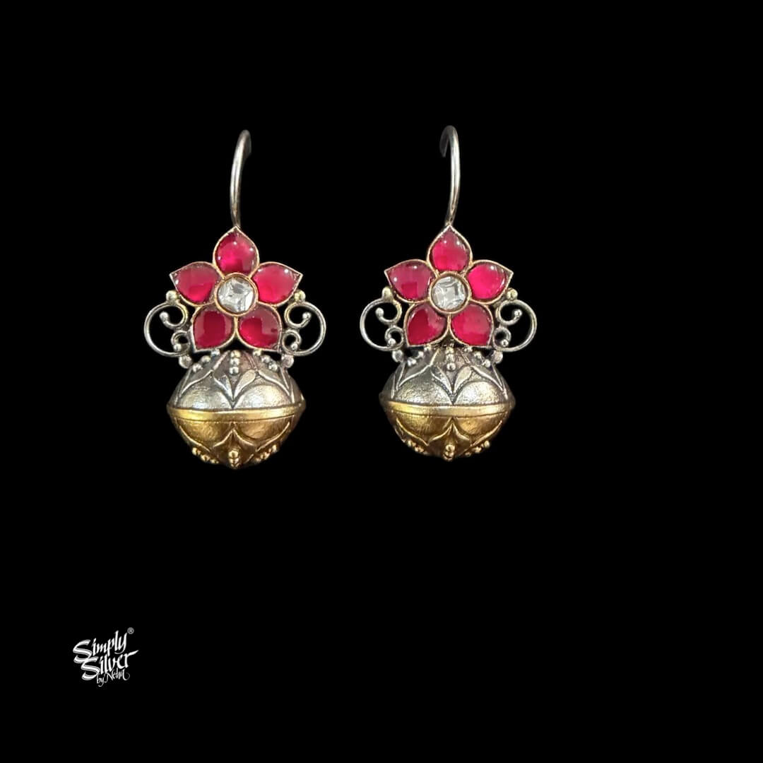 Gold Polish Silver Kalash with Red Kundan Earrings-MH6143