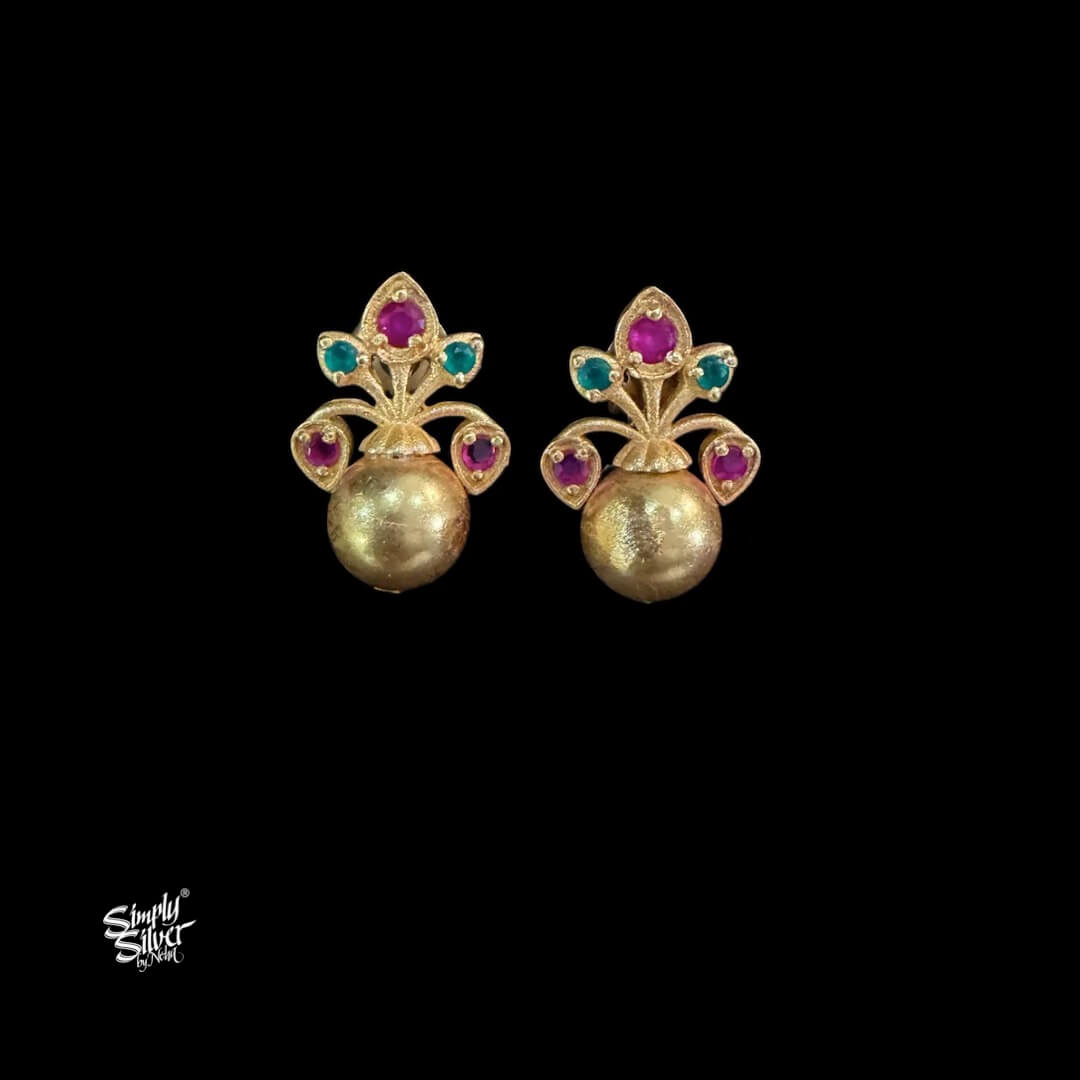 Gold Polish Silver Flower with Multi Color Stone Earrings-MH6144