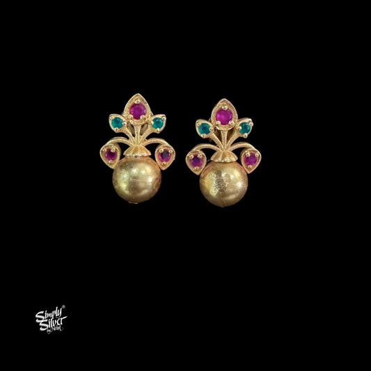Gold Polish Silver Flower with Multi Color Stone Earrings-MH6144