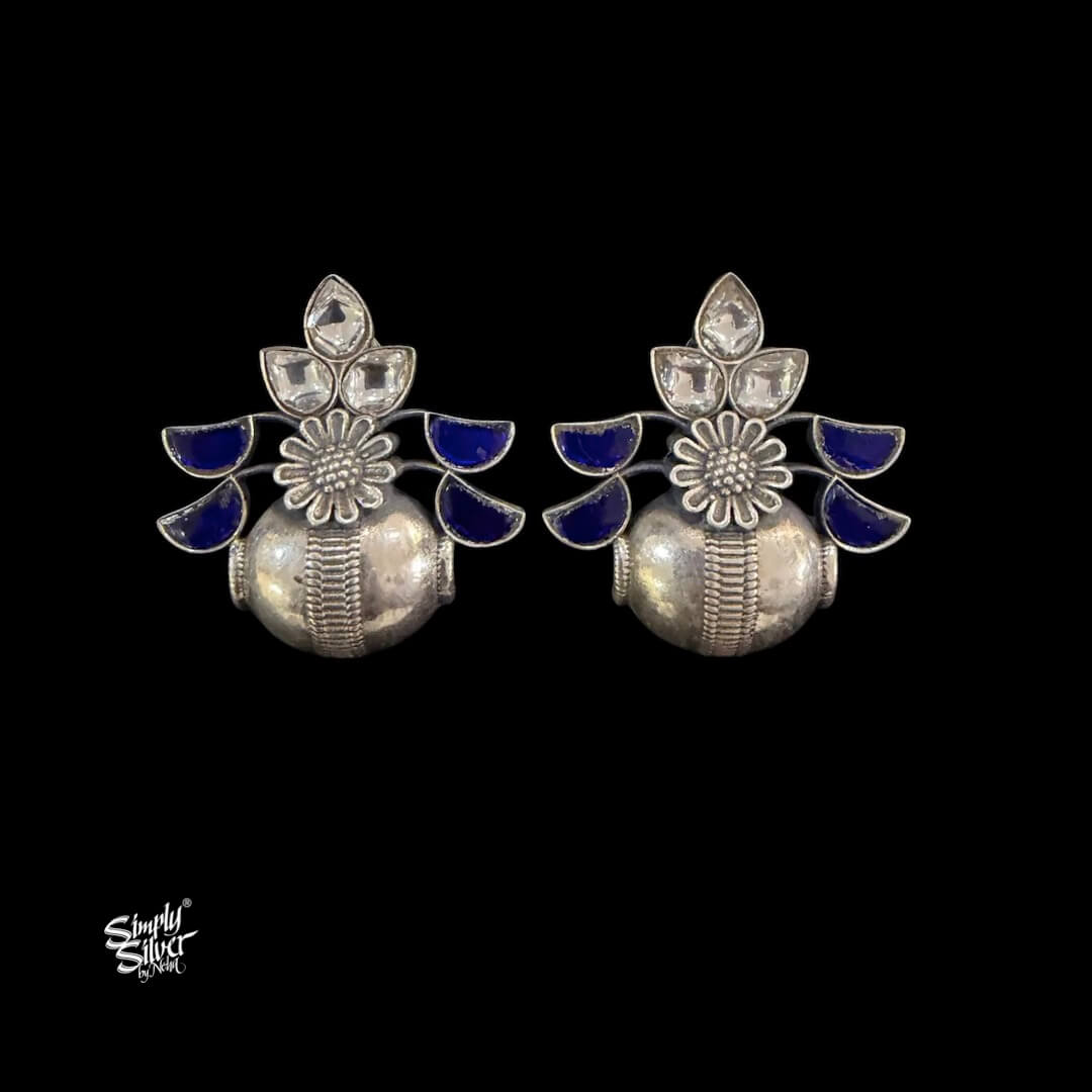 Silver Flower Studs with Blue & White Kundan Earrings-MH6146