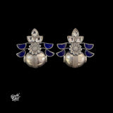 Silver Flower Studs with Blue & White Kundan Earrings-MH6146