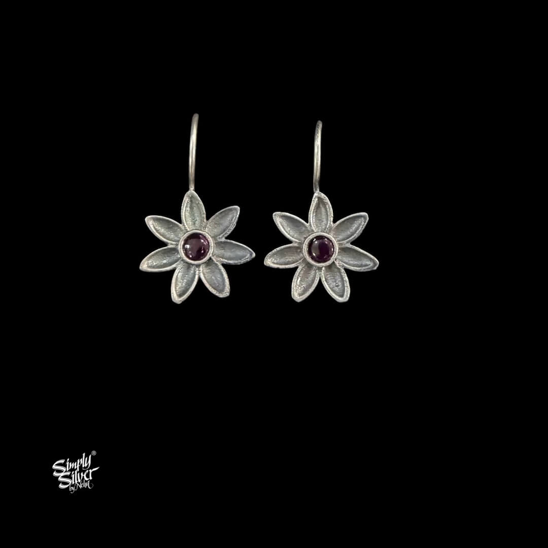 Silver Flower Hooks Earrings with Red Stone-MH6147