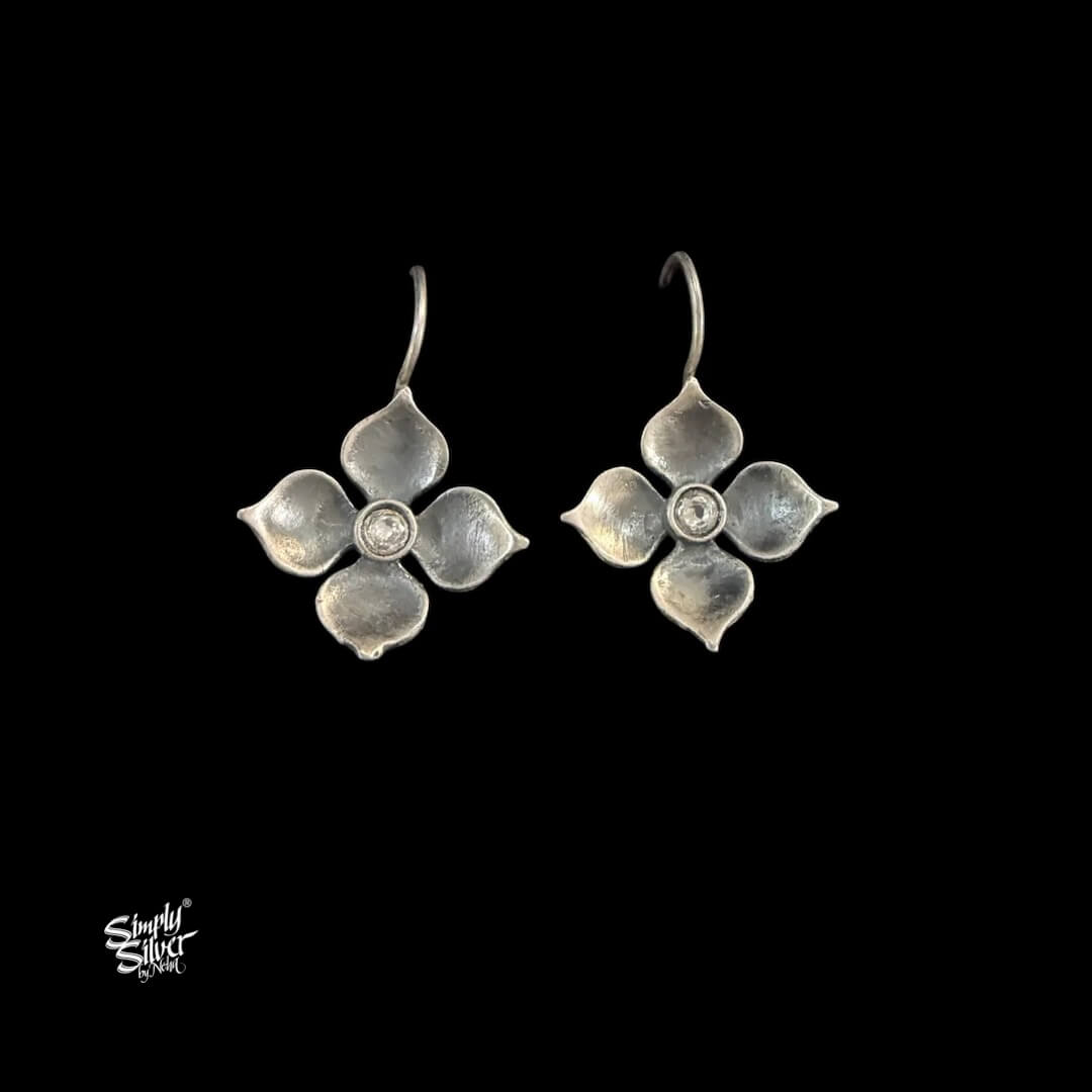 Silver Flower Hooks Earrings with White Stone-MH6148