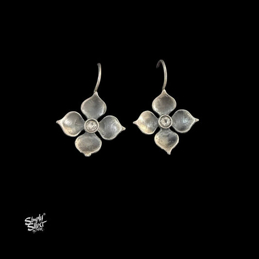 Silver Flower Hooks Earrings with White Stone-MH6148