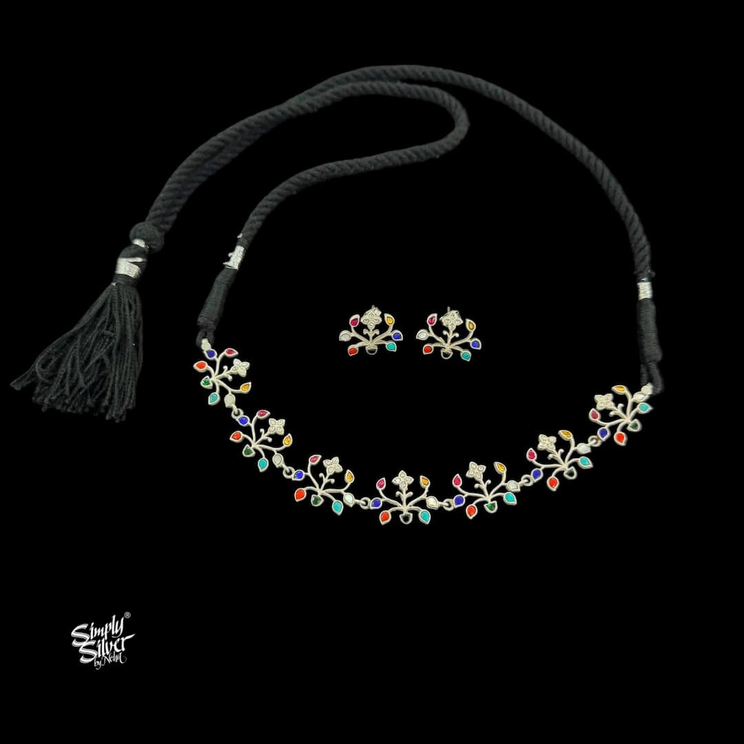 Silver Designer Multi Color Kundan Jaali Folwer Choker with Earrings Set - MH6152