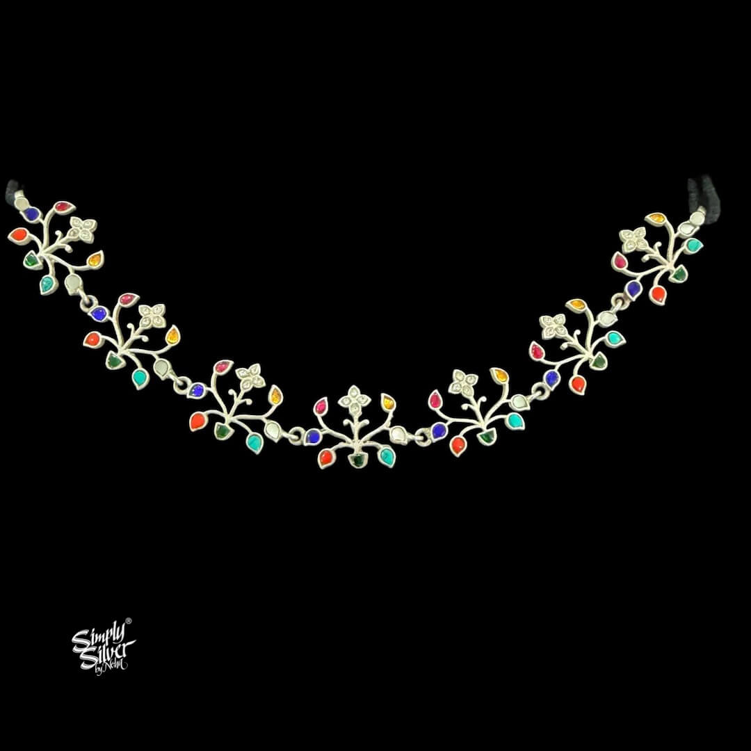 Silver Designer Multi Color Kundan Jaali Folwer Choker with Earrings Set - MH6152