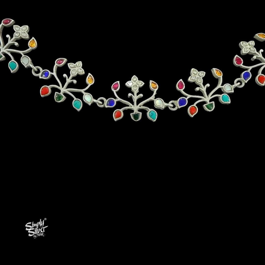 Silver Designer Multi Color Kundan Jaali Folwer Choker with Earrings Set - MH6152