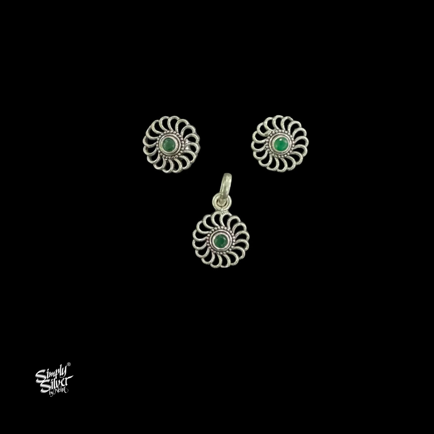 Silver jaali Flower Pendant & Earrings Studs Set with Green Stone-1