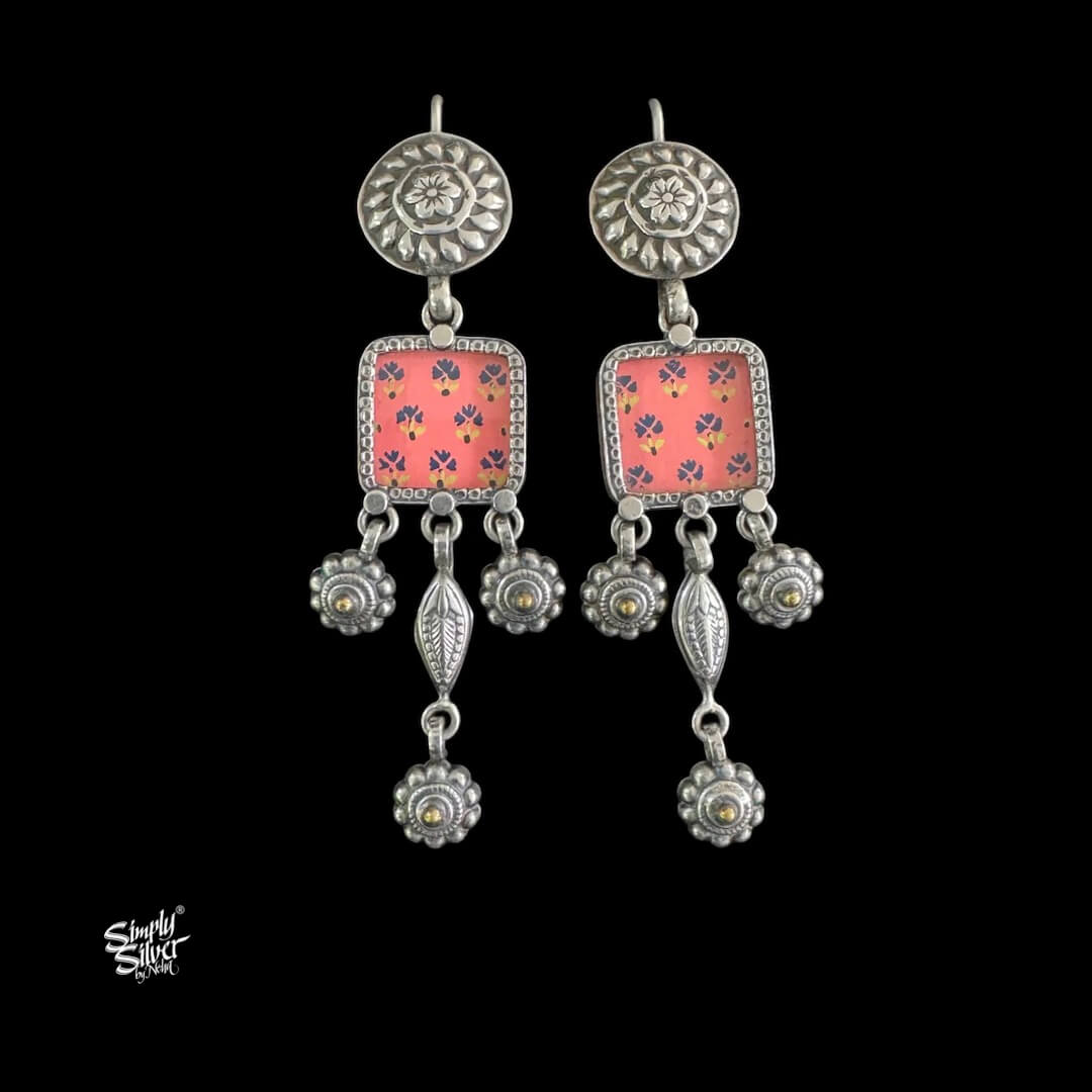 Silver Flower with Square Orange Color Hand Painted Glass & Danglers-1